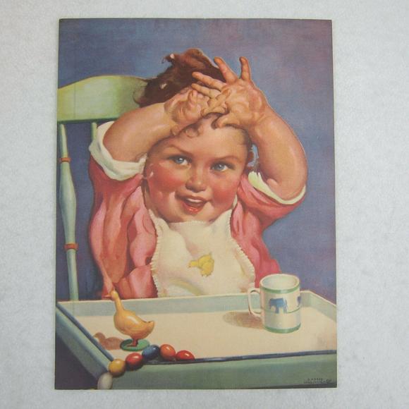Vintage Litho Art Print Baby High Chair Pink Dress Bib Cup Segur Gulbransen - Picture 6 of 12